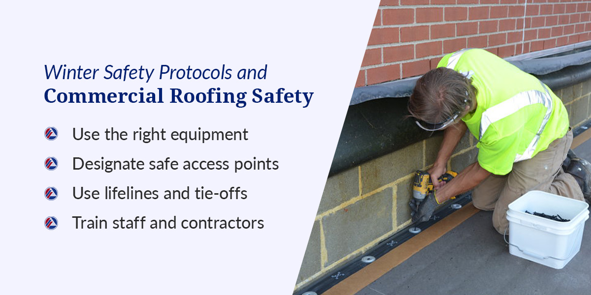 Winter Safety Protocols and Commercial Roofing Safety
- Use the right equipment
- Designate safe access points
- Use lifelines and tie-offs
- Train staff and contractors